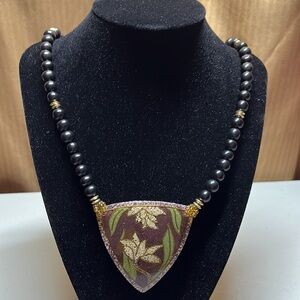Vintage Black Beaded Necklace with Triangular Handpainted Floral Pendant